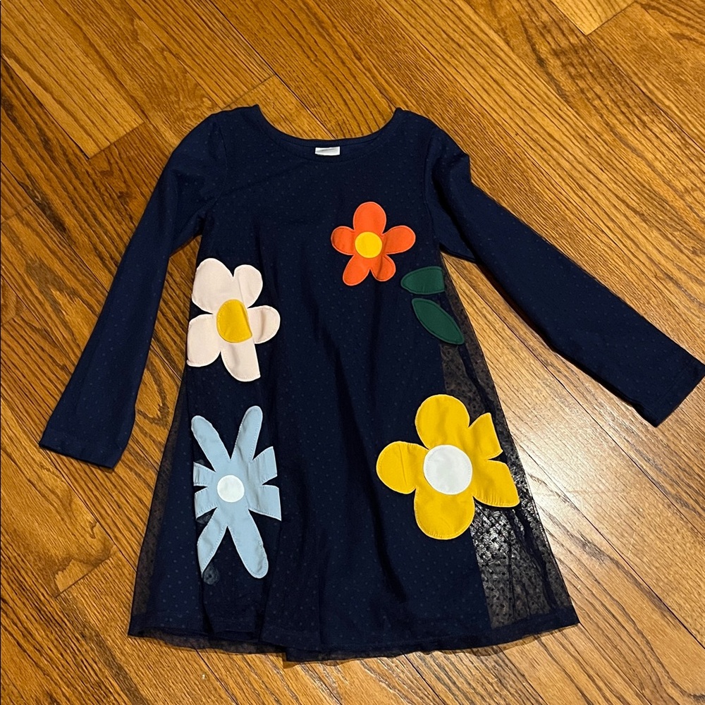 Hanna Andersson Navy Dress with Colorful Floral Appliqués